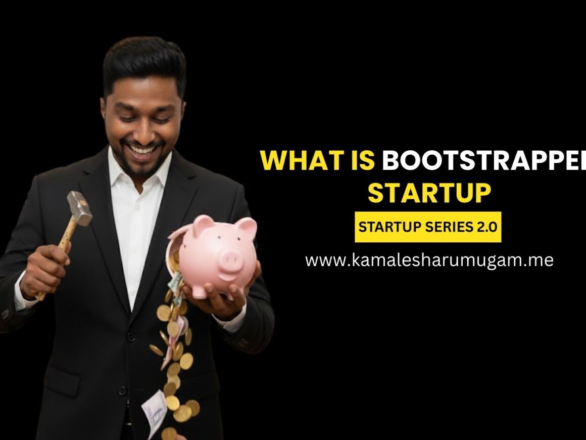 Bootstrapped startup concept showing a founder building a business with minimal resources and zero external funding.